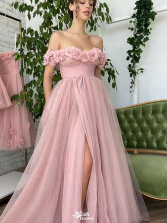 Elegant Pink Off-Shoulder Floral Mermaid Side Slit Long Prom Dress Ideas, Evening Party Dresses,WGP1655