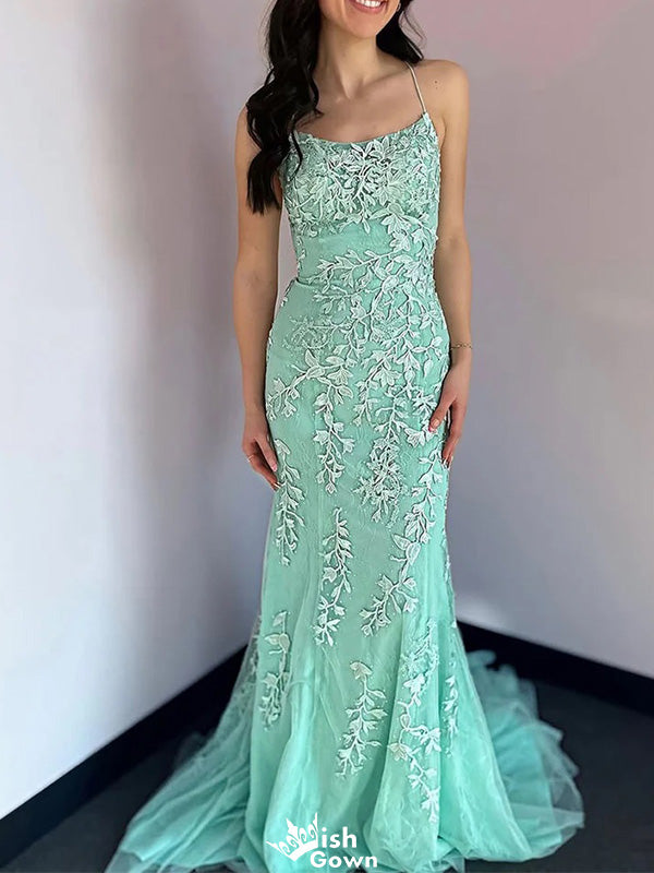 Elegant Spaghetti Strap Square Lace Mermaid Unique Long Prom Dress Ideas, Evening Party Dresses,WGP1162