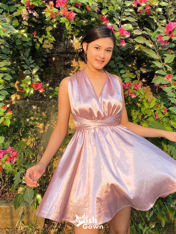 Casual Halter V-neck A-line Short Mini Homecoming Dress,EPT514