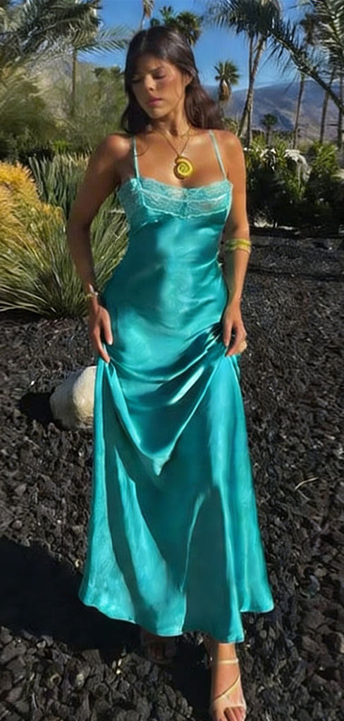 Fancy Teal Blue Satin Spaghetti-Strap Prom Dress with Side Slit,WGP2127