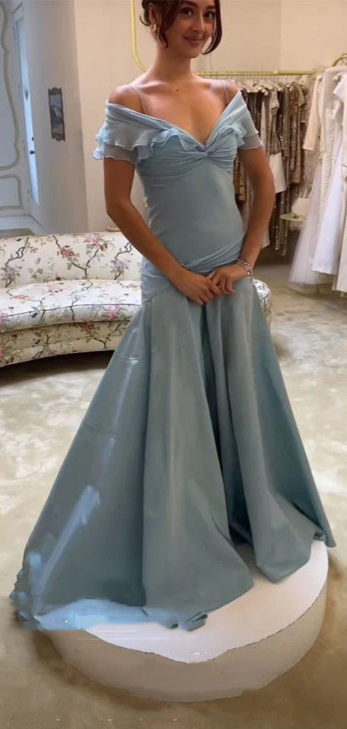 Elegant Blue Off-Shoulder Mermaid Long Prom Dress Ideas, Evening Party Dresses,WGP1833