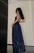 Sexy Navy Blue V-Neck Sequin Prom Gown Sparkling Sleeveless Sheath Dress with Slit,WGP2157