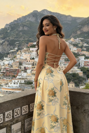 Fancy Floral Print Halter Prom Dress Yellow Corset Style A-Line Maxi Gown,WGP2218