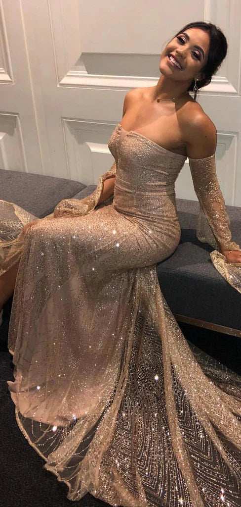 Sparkly Champagne Sweetheart Mermaid Long Prom Dress Ideas, Evening Party Dresses,WGP1876