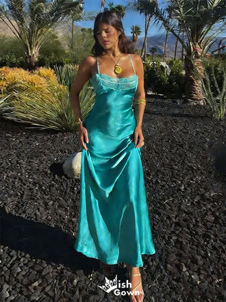 Fancy Teal Blue Satin Spaghetti-Strap Prom Dress with Side Slit,WGP2127