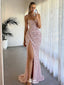 Sparkly Pink Sequin High Slit Prom Gown Strapless Ruched Formal Evening Dress,WGP2166
