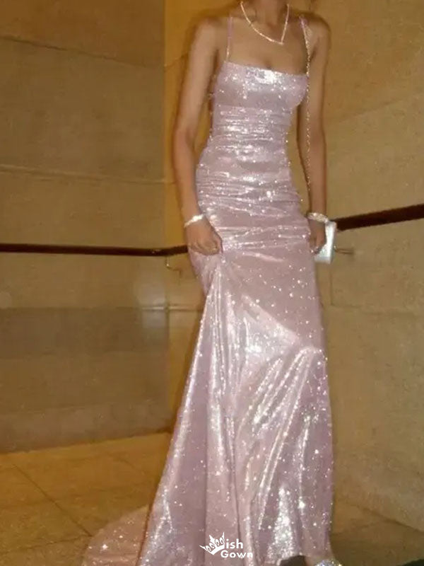 Sparkly Pink Spaghetti Strap Mermaid Long Prom Dress Ideas, Evening Party Dresses, WGP2009