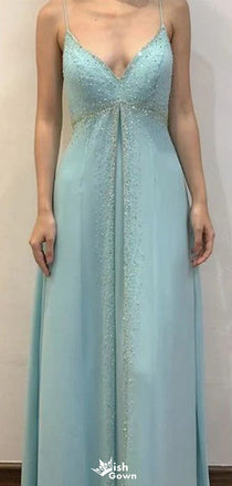 Elegant Spaghetti Strap V-neck A-line Long Prom Dress Ideas, Evening Party Dresses,WGP1704