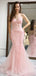 Beautiful Pink Floral Applique V-Neck Prom Dress Sheer Bodice Tulle Mermaid Gowns,WGP2181