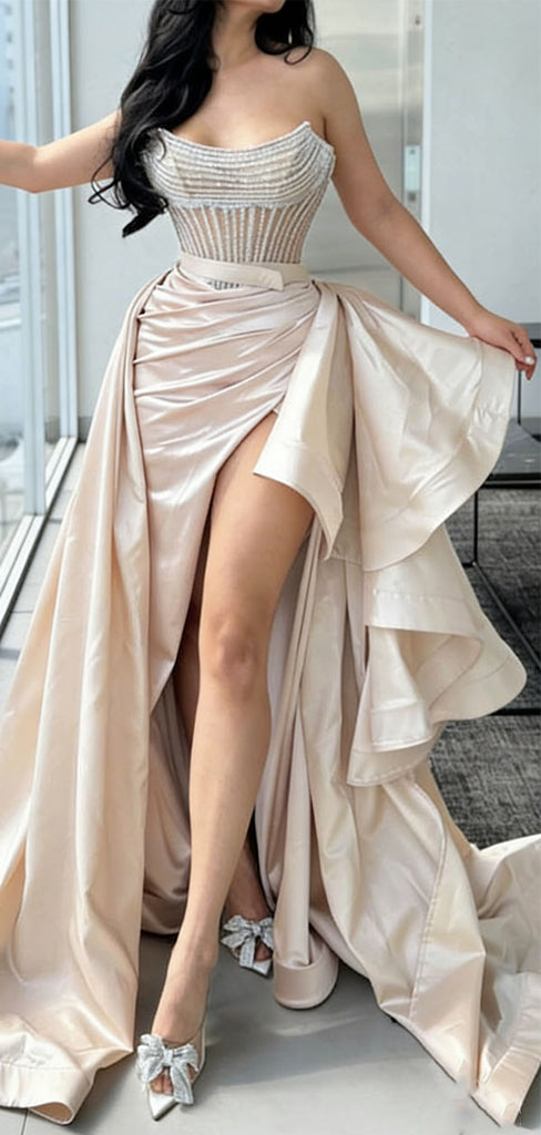 Fancy Pearl Beaded Corset Prom Dress Strapless High Slit Satin Ruched Drape Ball Gown,WGP2075