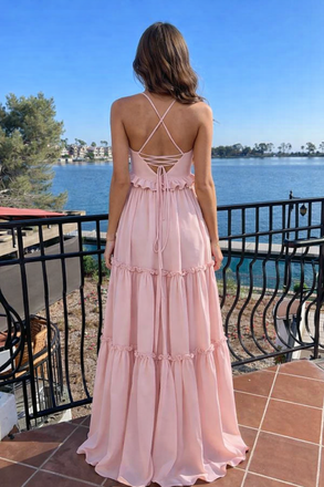Fancy Pink Ruffled Empire Waist Prom Dress Sleeveless V-Neck Tiered Chiffon Maxi Gown,WGP2173