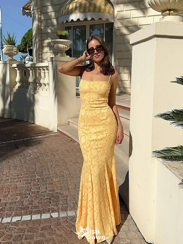 Pretty Yellow Jacquard Mermaid Prom Dress Elegant Square Neck Sleeveless Gown,WGP2158