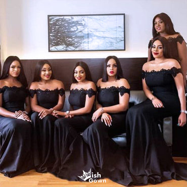 Sexy Black Mermaid Off Shoulder Sleeveless Applique Popular Cheap Maxi Long Wedding Guest Bridesmaid Dresses,WGM333