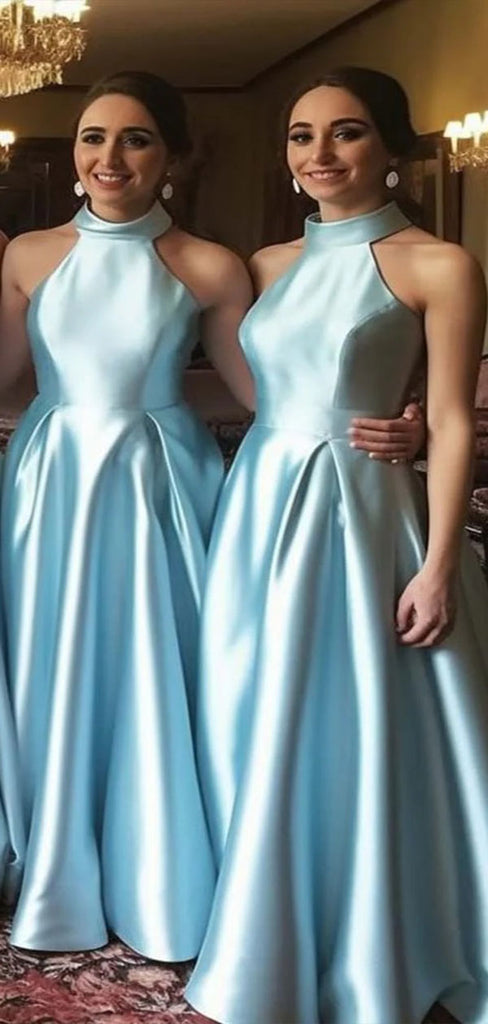 Elegant Blue A-Line Halter Sleeveless  Popular Cheap Maxi Long Wedding Guest Bridesmaid Dresses,WGM216