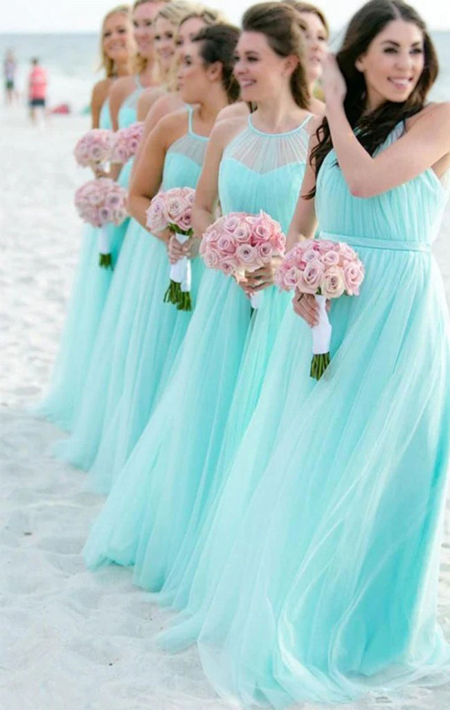 Unique Mint Green Halter Sleeveless A-Line Long Bridesmaid Dresses Online,WGM435