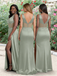 Sexy V Neck Sage Green Satin Mermaid Bridesmaid Dress With Side Slit,WGM472