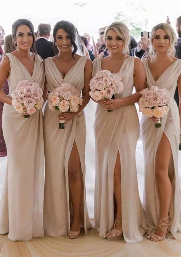 Elegant Beige V-Neck Sleeveless Mermaid Side Slit Long Bridesmaid Dresses Online,WGM434