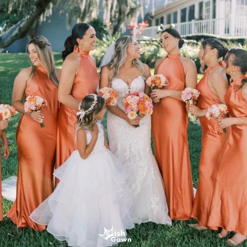 Elegant Orange High-Neck Sleeveless Mermaid Long Bridesmaid Dresses Online,WGM461
