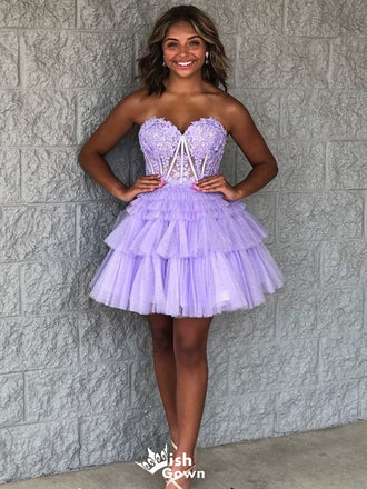 Gorgeous Purple Sweetheart Sleeveless Lace Ruffle Cheap Short Homecoming Dresses, EPT171