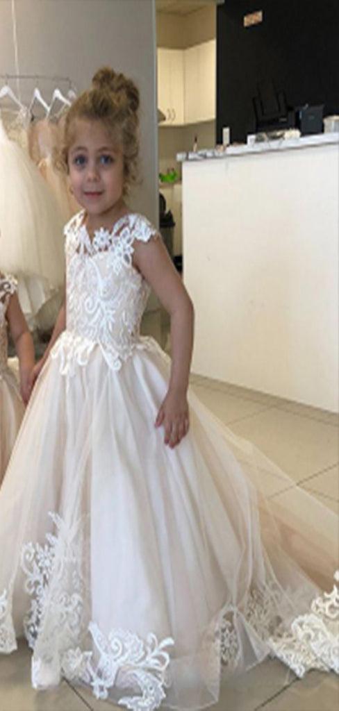 Cute Cap Shoulder Lace Applique Ball Gown Little Long Flower Girl Dresses, Wedding Flower Girl Dresses, FGD024