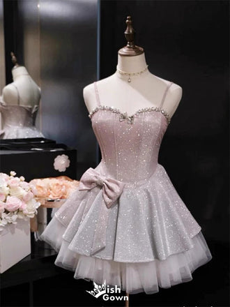 Sparkly Pink Spaghetti Strap A-Line Sleeveless Homecoming Dresses For Birthday Party, EPT698