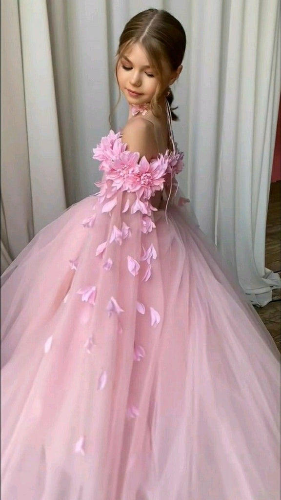 Cute Pink Off-Shoulder Floral Long A-Line Flower Girl Dress , FG026