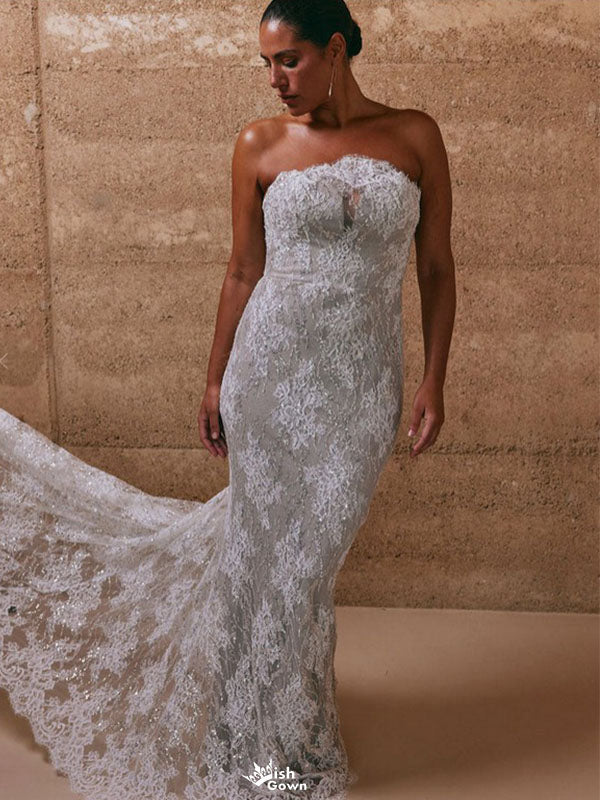 Sexy White Sweetheart Lace Mermaid Long Wedding Dresses With Sweep Trailing ,WDH169