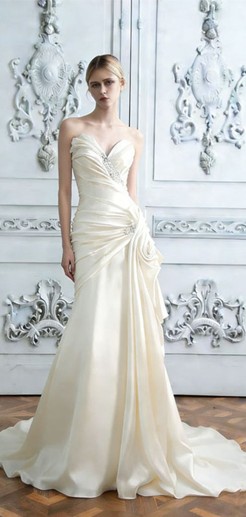 Classy Ruched Satin Wedding Prom Gown Strapless Sweetheart Neckline Mermaid Silhouette,WDH188