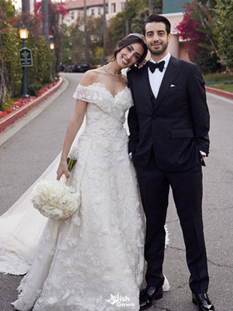 Elegant White Off-Shoulder A-Line Long Wedding Dresses With Sweep Trailing,WDH182