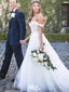 Romantic Lace Off Shoulder V Neck With Train Applique Popular Bridal Long Wedding Dresses, WDH096