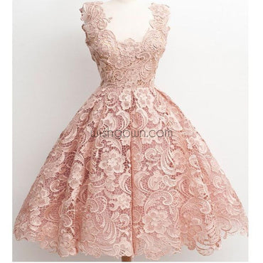 Dark Pink Lace Floral prints Vintage tea length elegant casual homecoming prom dresses,BD00128 - Wish Gown
