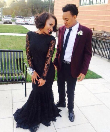Black Mermaid Lace Long Sleeve Sexy Affordable Long Evening Party Prom Dress, WG269 - Wish Gown