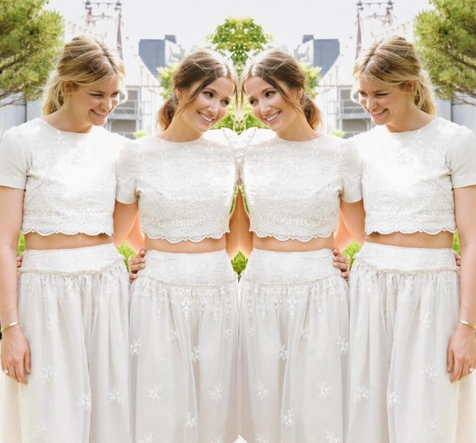 2 Pieces Short Sleeves Lace Pretty Long Wedding Bridesmaid Dresses, WG396 - Wish Gown