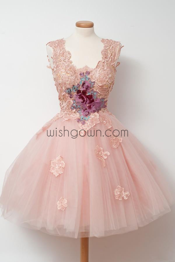 Cute Pink Unique Lace Junior Beautiful Cheap Short Homecoming Dresses, WG808 - Wish Gown