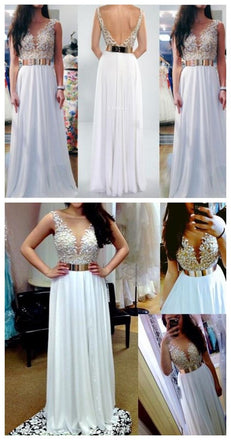 White V- Back Long Cheap Charming Evening Party Junior Prom Dresses, PD0108