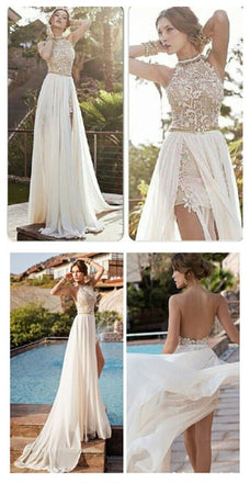 Popular Backless Sexy High Neck Side Slit Ivory Inexpensive Lace Evening Party Long Prom Dresses, PD0018
