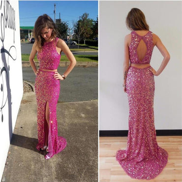 Two Pieces Sparkle Sequin Side Slit Open Back Evening Cheap Long Prom Dress, PD0180