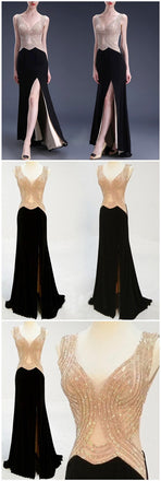 Side Slit Beading Sexy Formal Evening Party Inexpensive Black Long Prom Dresses, PD0086