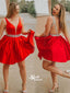 Red Short Backless Beaded V-neck Satin Homecoming Prom Dress, BD00166