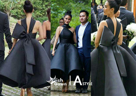 Unique New Arrival Black Ankle Length Wedding Party Bridesmaid Dresses with Bow, WG445