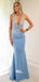 Blue Soft Satin Deep V-neck Appliques Mermaid Evening Gowns Prom Dresses, WGP183